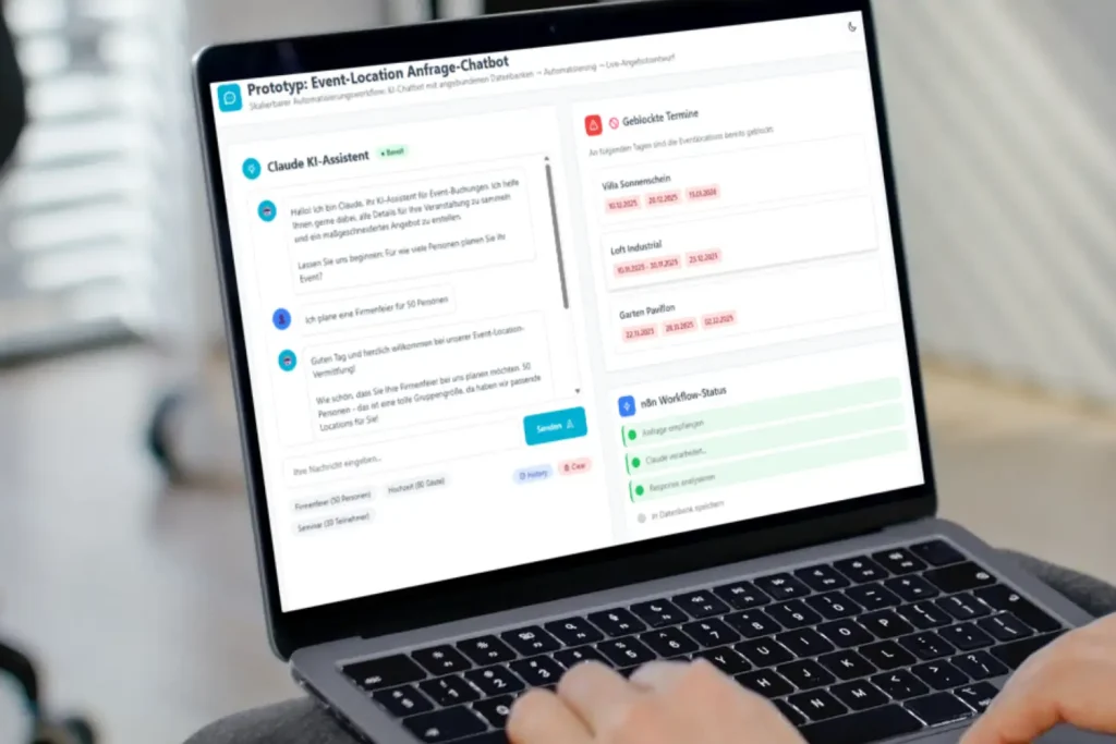 Der Prototyp zeigt den KI-Assistenten im Kundendialog. Rechts sind geblockte Termine der Locations und der aktuelle Workflow-Status sichtbar.